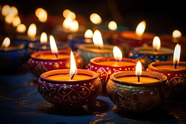 Las lámparas de diya tradicionales bellamente encendidas durante la celebración de Diwali