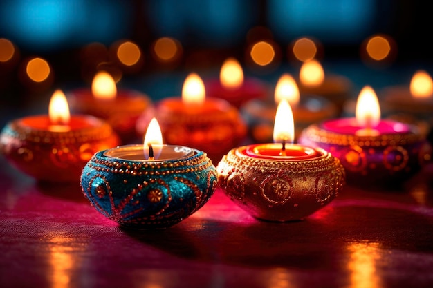 Lámparas Diya y velas encendidas durante el feliz fondo de Diwali. Festival tradicional de luces. La celebración de Deepavali generó IA.