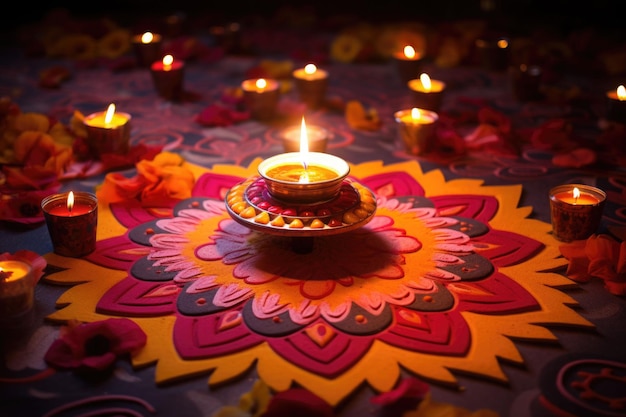 Lámparas encendidas durante la celebración de Diwali Encendiendo velas en patrones de rangoli Ilustración generada por AI