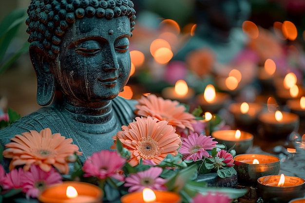 Lámparas, flores y velas frente a las estatuas de Buda en un templo budista en la fiesta de Vesak en honor a la iluminación del nacimiento y la muerte de Buda.