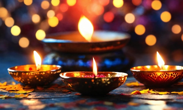 Lámparas Happy Diwali Diya encendidas durante la celebración de Diwali