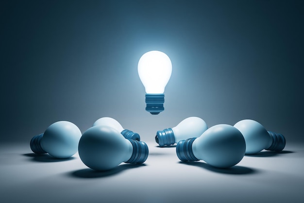 Lámparas iluminadas abstractas sobre fondo gris Idea de trabajo en equipo y concepto de liderazgo Representación 3D