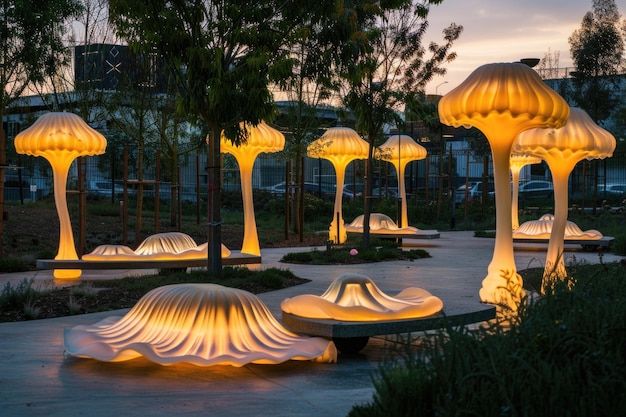 Lámparas iluminadas en forma de hongo en un parque al anochecer