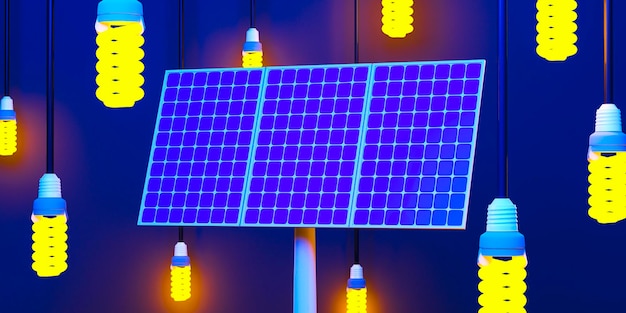 Las lámparas LED cuelgan junto al panel solar Representación 3D de electricidad ecológica alternativa