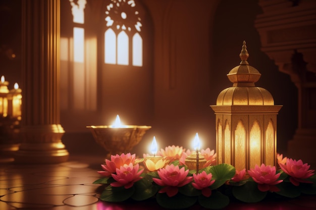 Lámparas mágicas Diya iluminadas con hermosos lotos rosados en el antiguo templo indio para la celebración de Diwali
