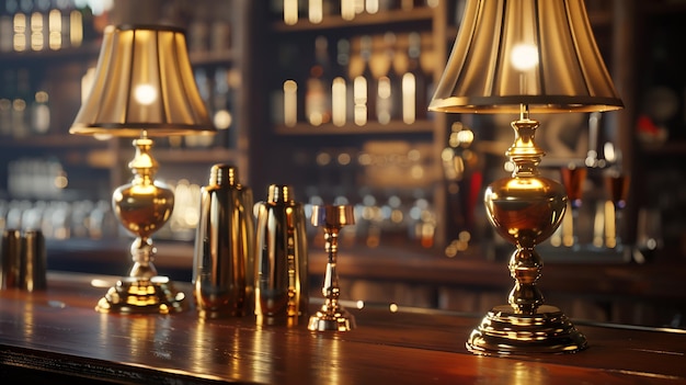 Foto lámparas de mesa metálicas y antiguas con fondo de bar de licor ia generativa