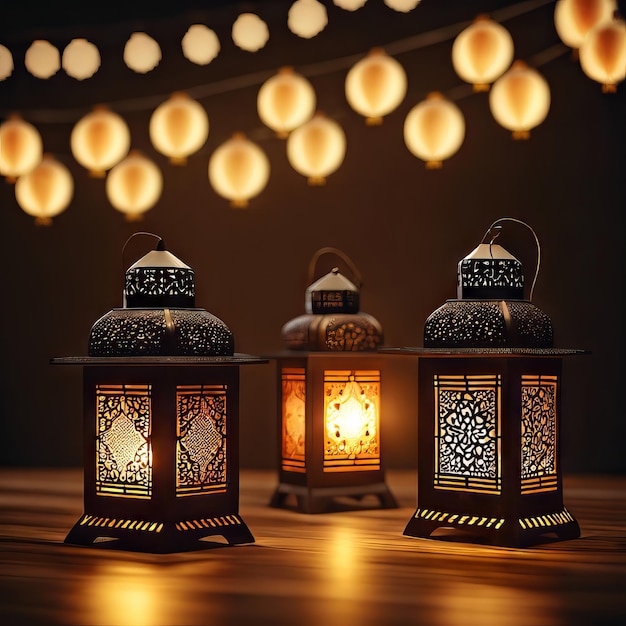 Foto lámparas o linternas de eid al-fitr colgando en la víspera de la celebración de eid al-fitr