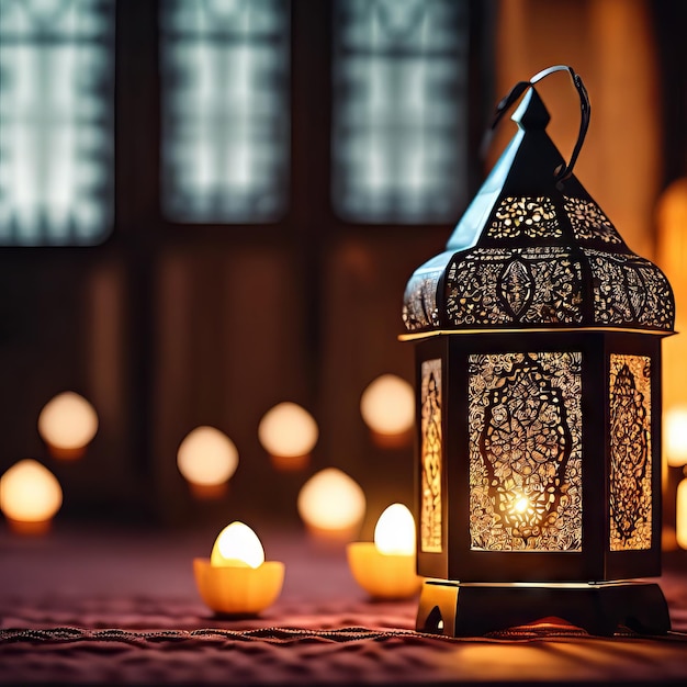 Foto lámparas o linternas de eid al-fitr colgando en la víspera de la celebración de eid al-fitr