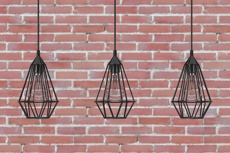 Foto lámparas de techo de decoración de iluminación vintage en frente de la pared de ladrillo. representación 3d