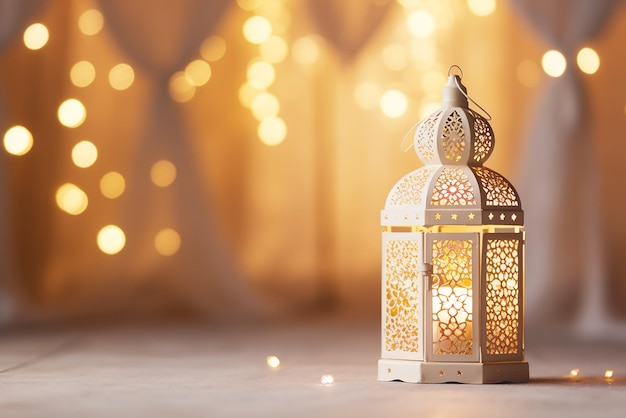 Lámparas tradicionales decorativas de Eid en un fondo bokeh blanco