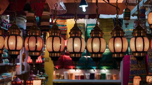 Foto lámparas tradicionales de recuerdo marroquíes en el mercado oriental de marruecos