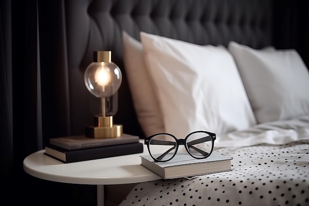 Lampe, Buch, Brille, Schlafzimmer, Ai generieren