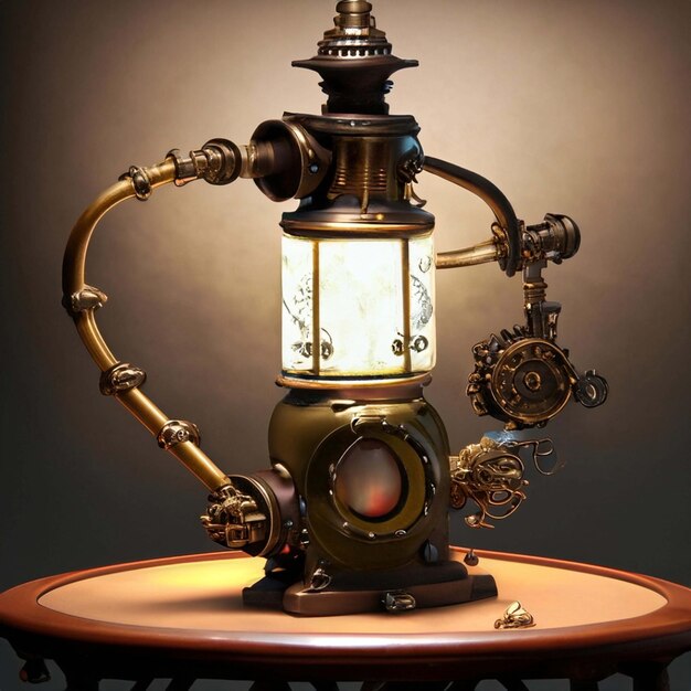 Lampe im Steampunk-Stil auf braunem Holztisch vor Betonwandhintergrund 3D-Rendering