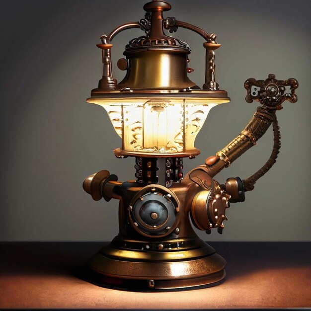 Lampe im Steampunk-Stil auf braunem Holztisch vor Betonwandhintergrund 3D-Rendering