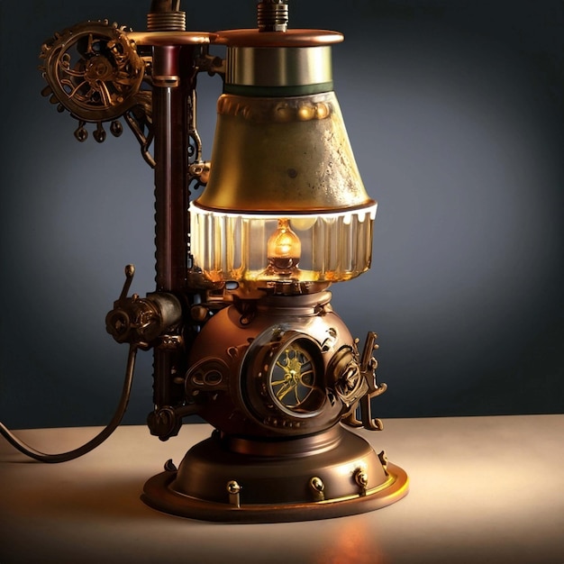 Lampe im Steampunk-Stil auf braunem Holztisch vor Betonwandhintergrund 3D-Rendering