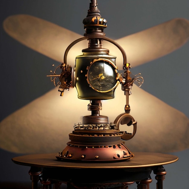 Lampe im Steampunk-Stil auf braunem Holztisch vor Betonwandhintergrund 3D-Rendering