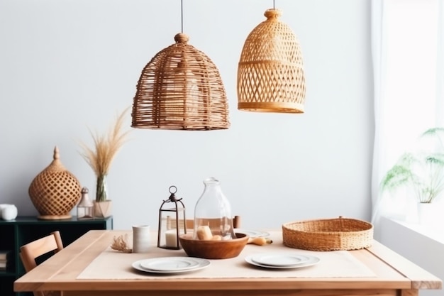 Lampe Tischmöbel beige Zimmerdekor Esszimmer Küche Rattan Generative AI