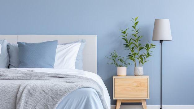 Lampe über blauem Schrank mit Pflanze neben dem Bett