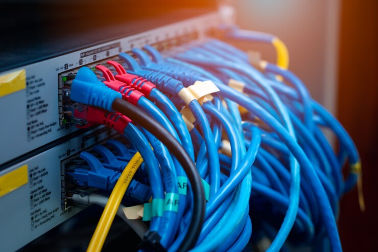 LAN-Kabelstecker in Schalter, Netzwerksystemverbindung, Datenübertragung und Internetverkabelung, Computergrafik-Flare-Licht