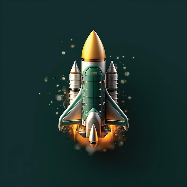 Foto lançamento de foguete 3d premium nos céus ícone sofisticado de prata e ouro em fundo verde escuro