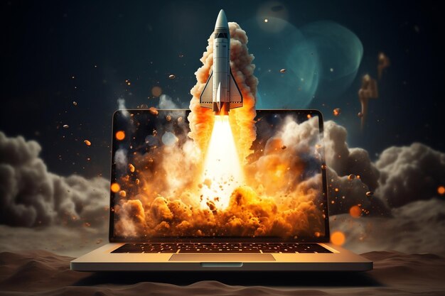 Lançamento de foguete espacial a partir de uma tela de laptop