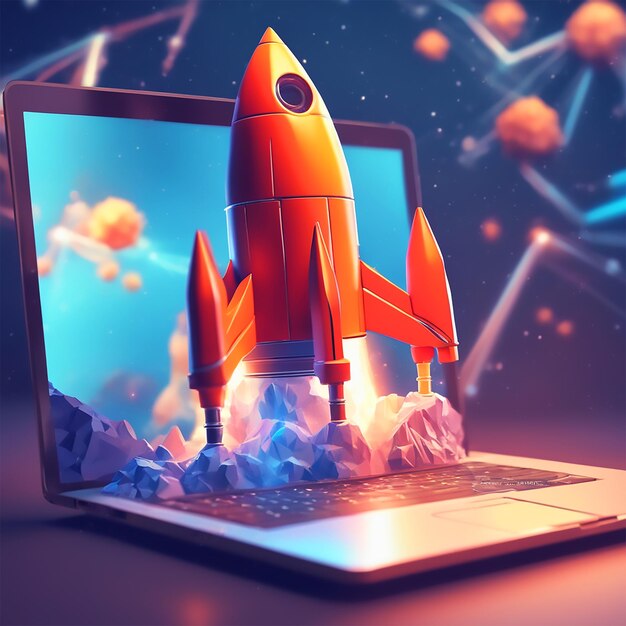 Lançamento de foguete espacial da tela do laptop generativa Ai arte isométrica de baixo poli 3d arte alta detalhes