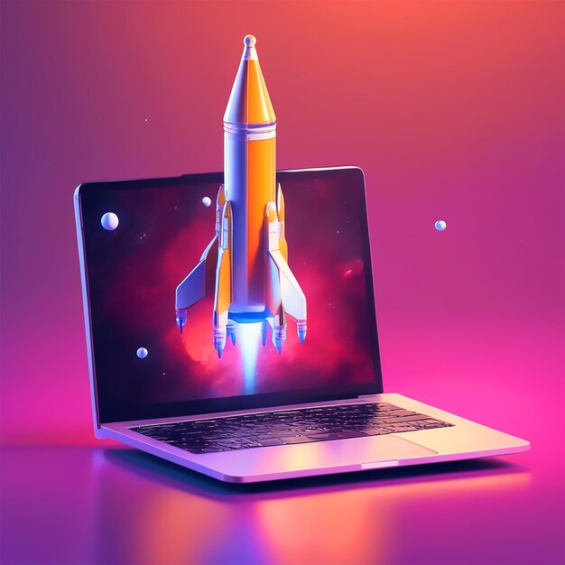 Lançamento de foguete espacial da tela do laptop generativa Ai arte isométrica de baixo poli 3d arte alta detalhes