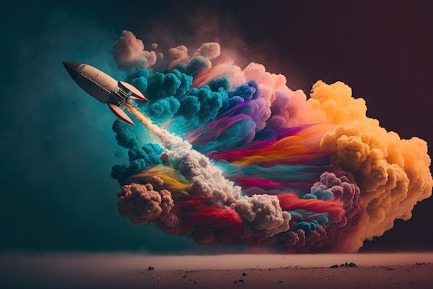 Lançamento de foguete para o céu com trilha de fumaça colorida criada pessoalmente com IA generativa