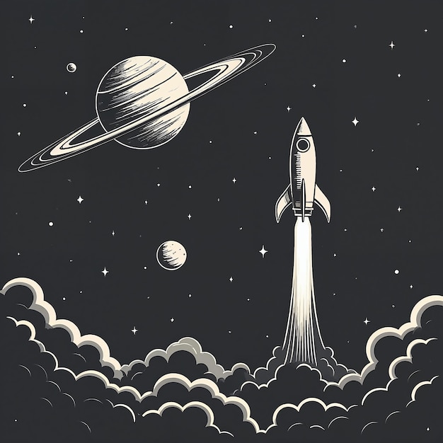 Lançamento de foguete para o espaço com Saturno e outros planetas