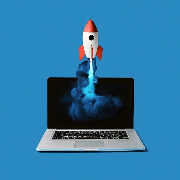 Lançamento de foguete saindo da tela do laptop