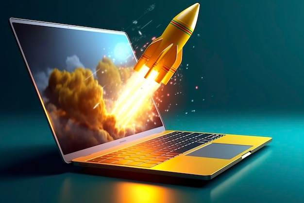 Lançamento de um novo produto ou serviço Processo de desenvolvimento de tecnologia Lançamento de foguete espacial Renderização em 3D Foguete amarelo levantado do laptop de exibição AI Generative