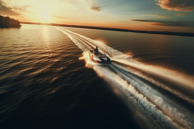 Foto una lancha rápida está conduciendo en el agua al atardecer