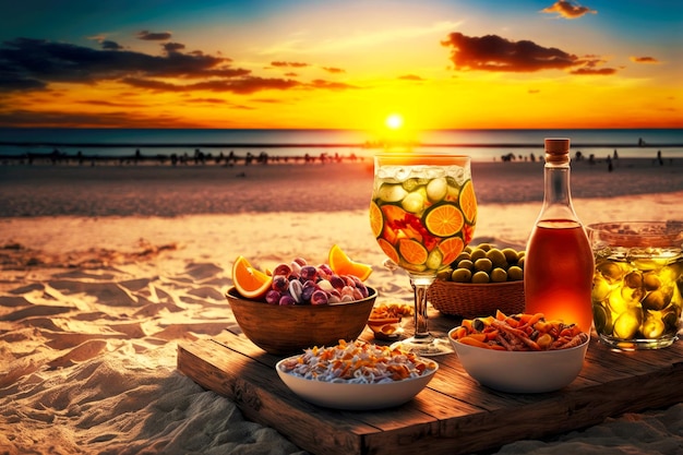 Lanche ao ar livre servido mesa na praia com bebidas contra o pôr do sol como pano de fundo