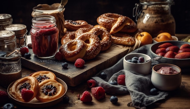 Lanche de frutas frescas na mesa de madeira rústica gerada por IA