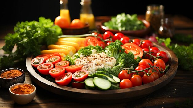 Lanche de legumes frescos em uma tigela de madeira com saudável