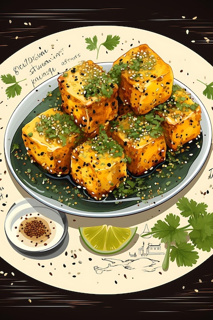 Lanche Dhokla com sementes de mostarda chutney verde vibrante e site de layout de cultura culinária Ze India