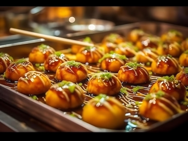 Lanche japonês Takoyaki em um mercado local no Japão Ai Generative