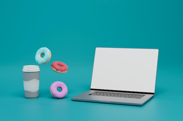 Lanche no laptop do local de trabalho um copo de café e rosquinhas em uma renderização 3D de fundo turquesa