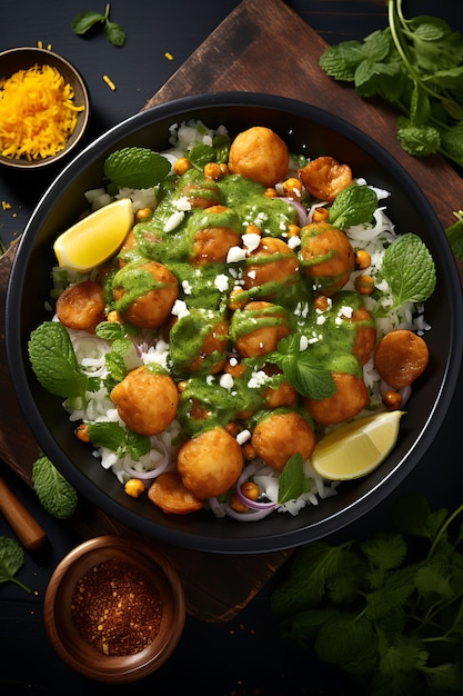 Lanche Pani Puri com água de tamarindo e chutney de menta fresco um site de layout de cultura culinária da Índia