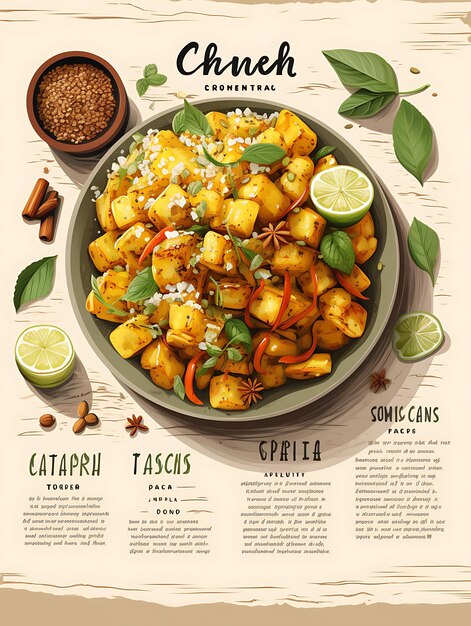 Lanche Poha com Curry de Amendoim Folhas Cores Claras e Fofas Site de Layout de Cultura Culinária da Índia