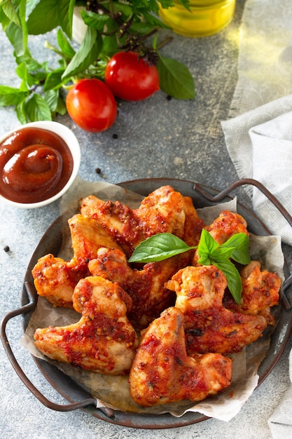 Lanche saboroso Asas de frango assado com molho de mostarda e tomate em uma mesa de concreto