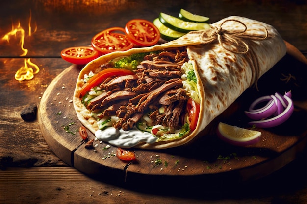 Lanche shawarma de carne com tomate bovino e molho de tortilla cozinha tradicional turca