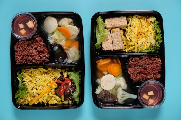 lancheira do conceito de comida saudável com arroz integral, frango desfiado, sopa de legumes, tofu tempeh. bento