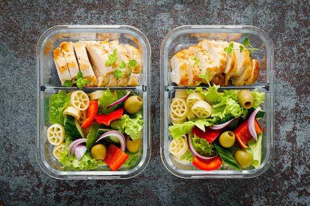 Lancheiras com peito de frango grelhado e salada de macarrão com vista superior de legumes frescos