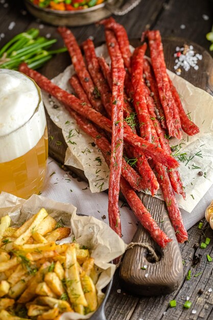 Lanches de carne para cerveja, ao lado de um copo de cerveja, batatas fritas em uma panela, em uma mesa rústica de madeira