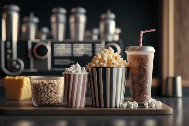 Lanchonete de cinema com pipoca e refrigerantes gerados por IA