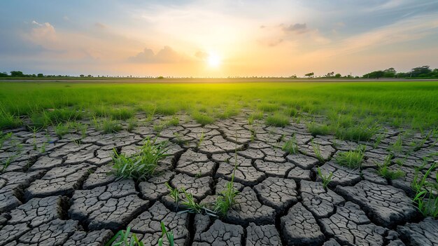 Land mit trockenem und rissigem Boden und grünem Feld Wüste Hintergrund der globalen Erwärmung