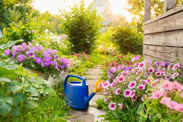 Landarbeiter-Gartengeräte Blaue Plastikgießkanne für Bewässerungspflanzen im Garten mit Blumen auf Blumenbeet und Blumentopf an sonnigen Sommertagen Garten-Hobby-Landwirtschaftskonzept