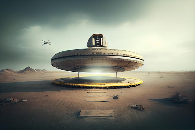Landeplatz mit UFO, das zum Aufsetzen absteigt