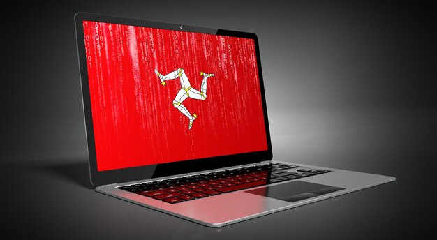 Landesflagge der Isle of Man und Binärcode auf Laptop-Bildschirm 3D-Illustration
